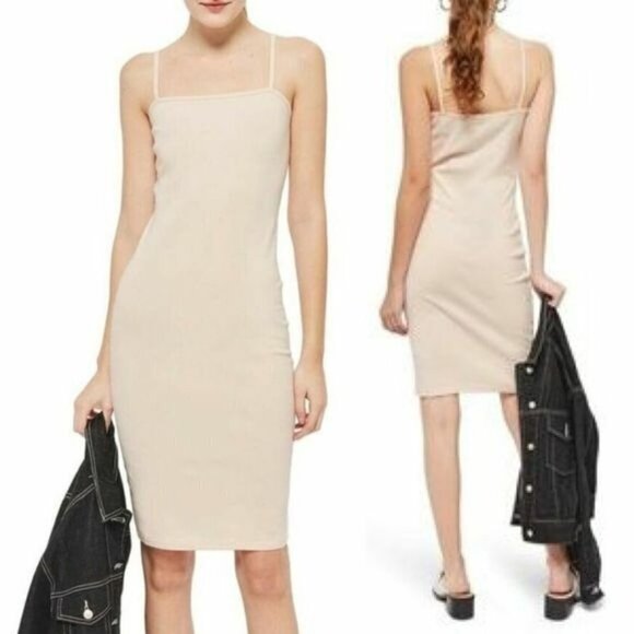 TOPSHOP Womens Size 6 Strappy Cami Tunic Dress Nude Cotton Basic Layer $25 1758 - Picture 1 of 8
